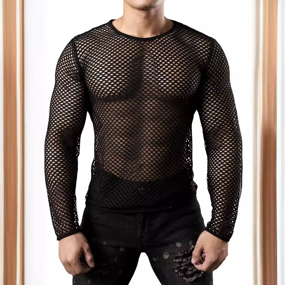2025 hommes t-shirt maille Transparent col rond à manches longues T-shirts Sexy Streetwear mode fête discothèque