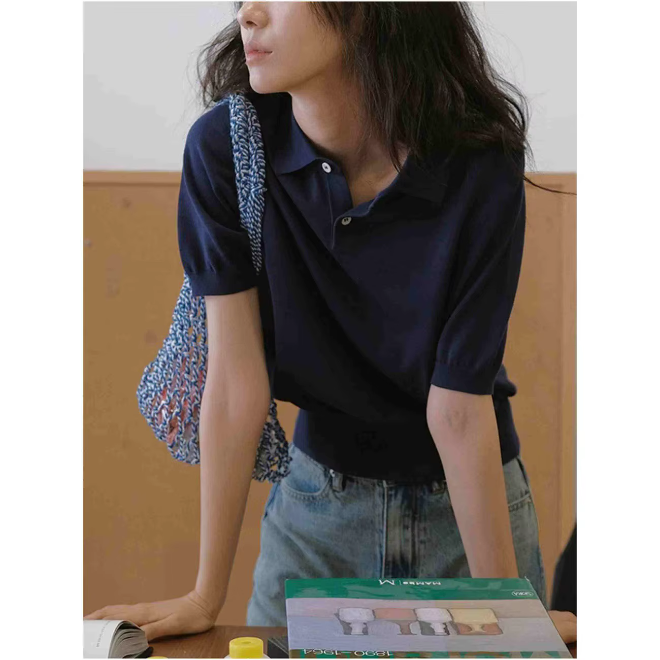Polo tricoté à manches courtes pour femme