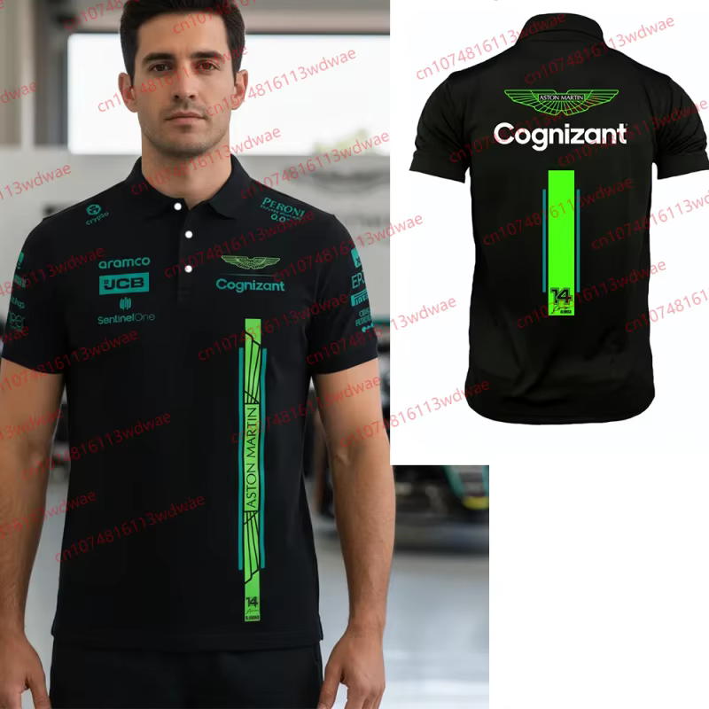 Aston Martin Racing Team Training Street Style Button Polo Shirt Fernando Alonso 14 Vêtements à manches courtes pour hommes et femmes