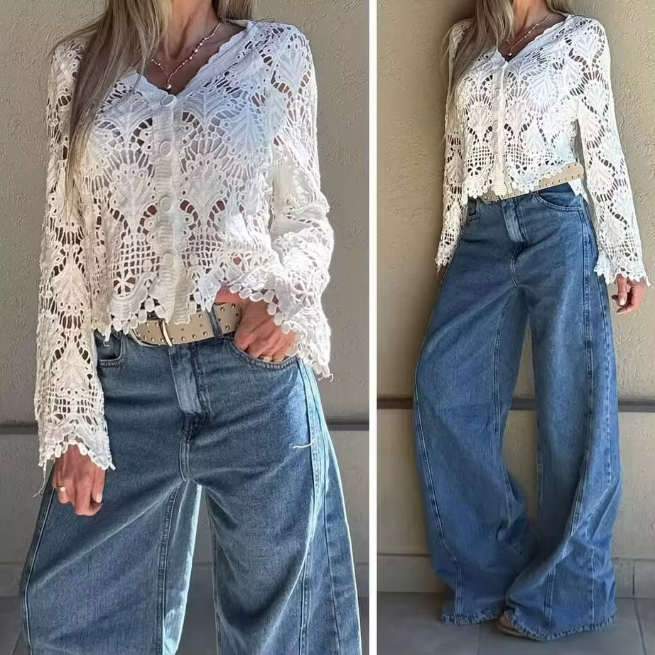 Nouveau T-shirt en crochet tricoté ajouré à col en V et simple boutonnage pour femme 2026