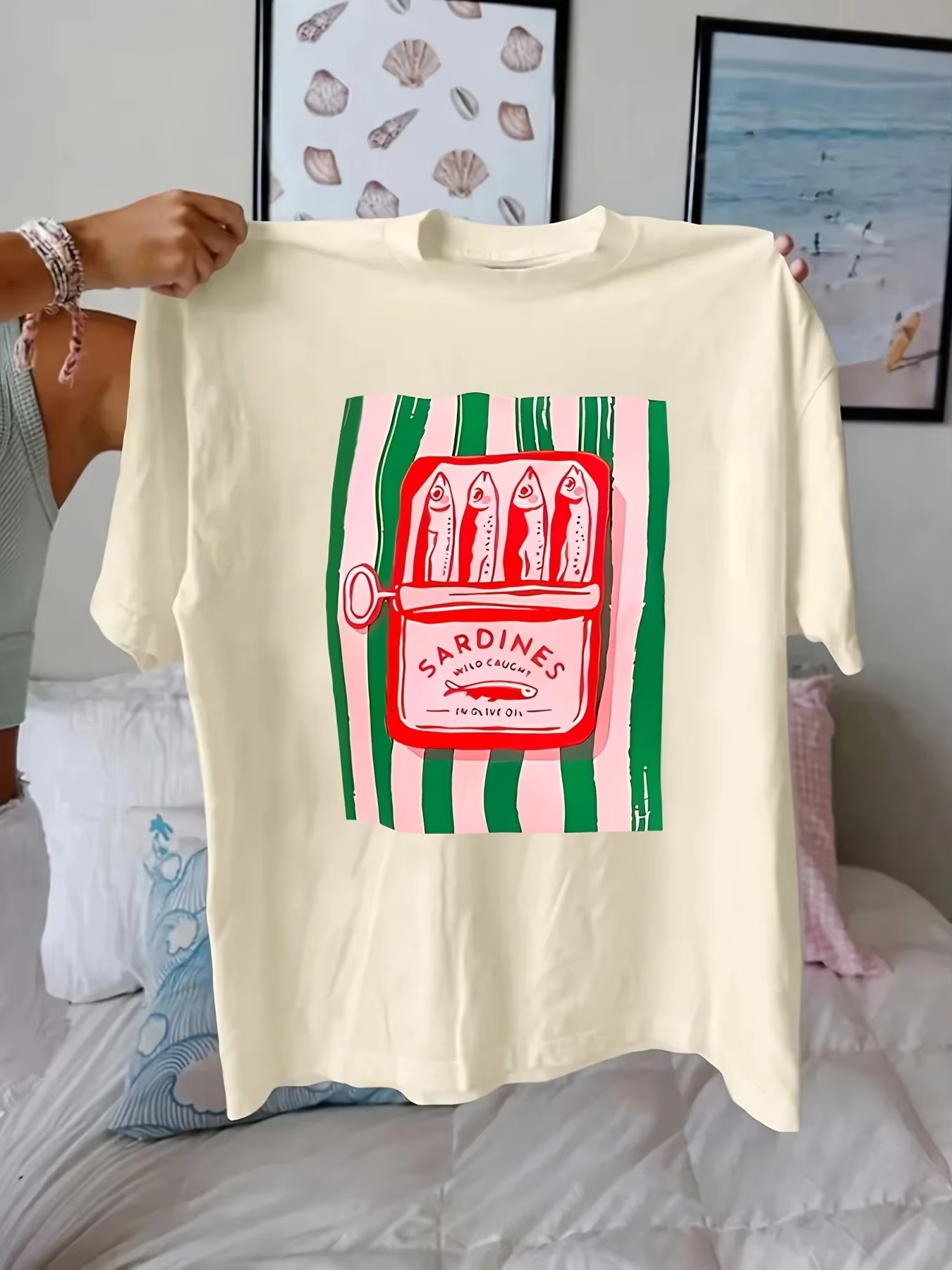Sardines peuvent motif imprimé femmes T-shirts décontractés décontracté polyvalent