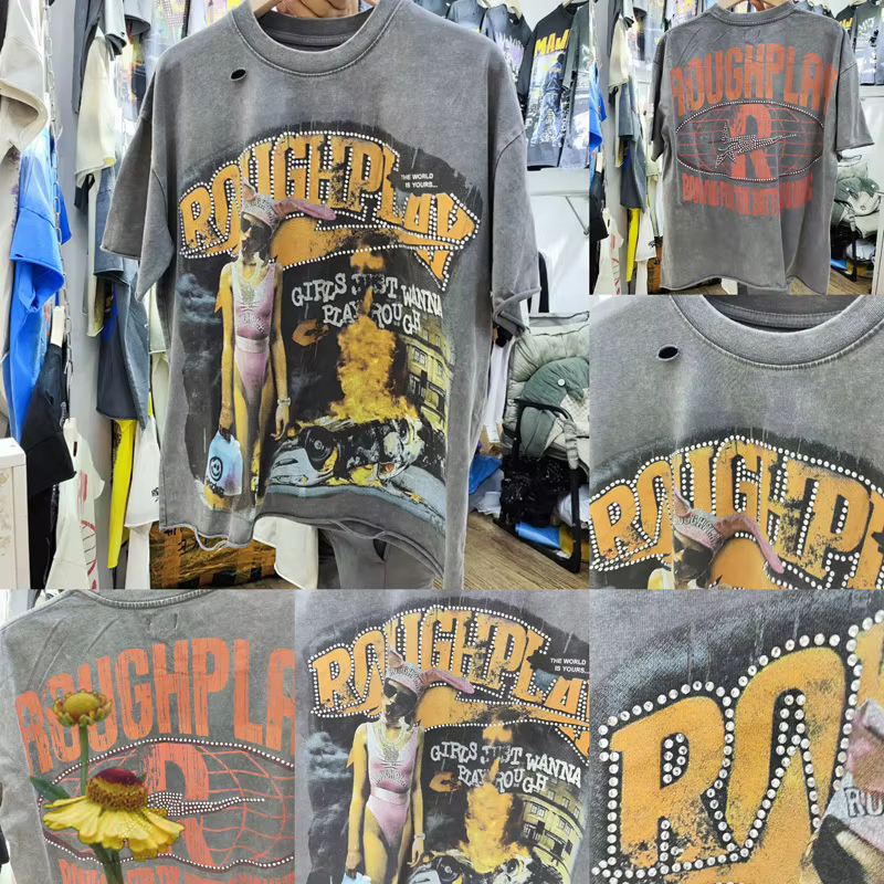 T-shirt Homme Américain Rétro Délavé à Paillettes et Clous Effet Vieilli et Troué