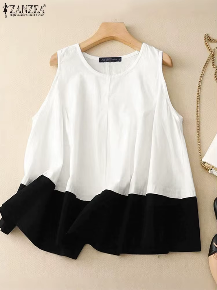2025 femmes été débardeurs ZANZEA coton Camis Vintage col rond sans manches vacances Blouse rétro chemise ample t-shirts occasionnels surdimensionné