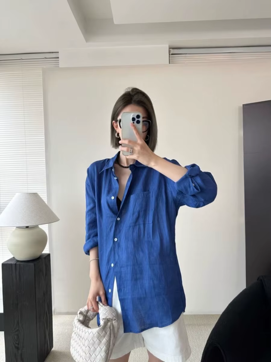 Chemise à manches longues en lin blanc pour femme