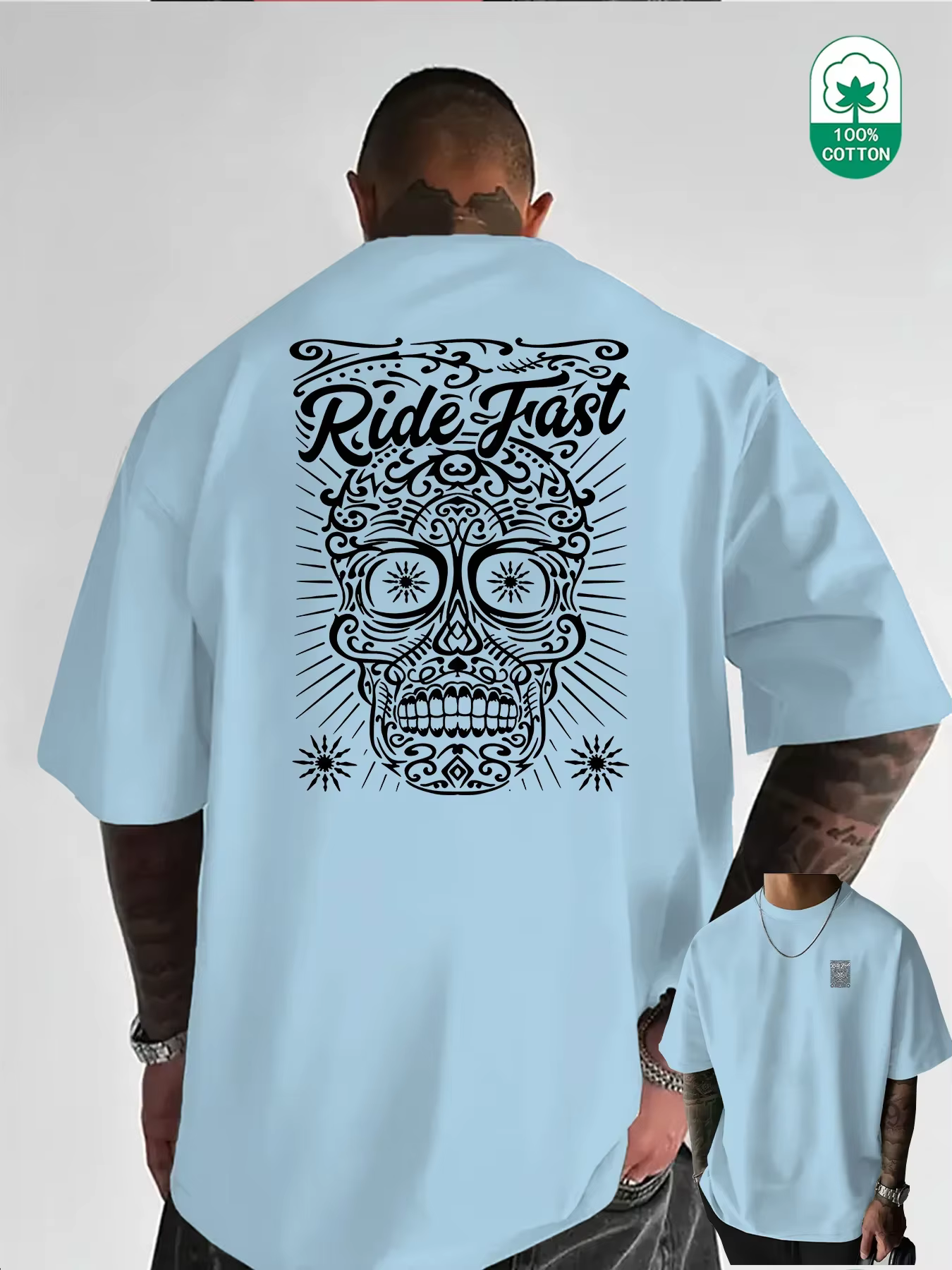 T-shirt Homme Oversize à Motif Crâne 100% Coton Grande Taille Style Urbain Rétro Tatouage Décontracté Respirant Manches Courtes