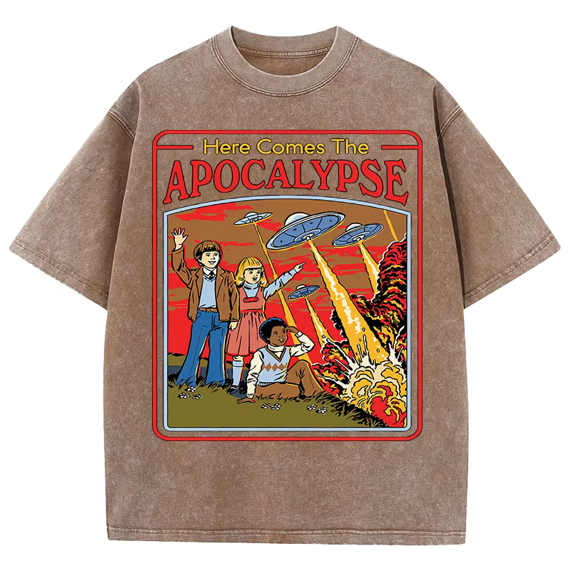 T-shirt vintage imprimé Apocalypse, style rétro délavé, pour homme, été, unisexe, en coton, tendance, effet délavé, confortable, doux, hauts pour homme