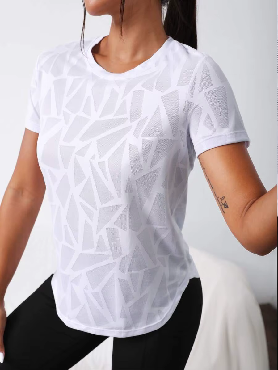 T-shirt chic à imprimé géométrique pour femme – Ourlet incurvé flatteur