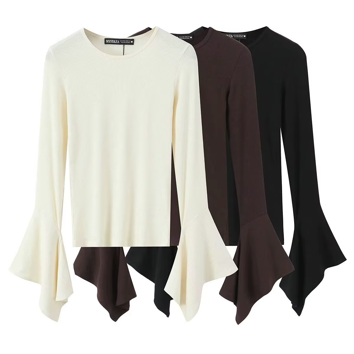 T-shirt noir à manches longues et col rond pour femme