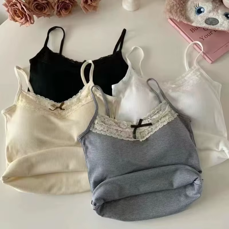 Femmes Camisole débardeurs Sexy nœud sans manches haut Corset avec coussin de poitrine doux dentelle Patchwork culture hauts été mince élégant Camis
