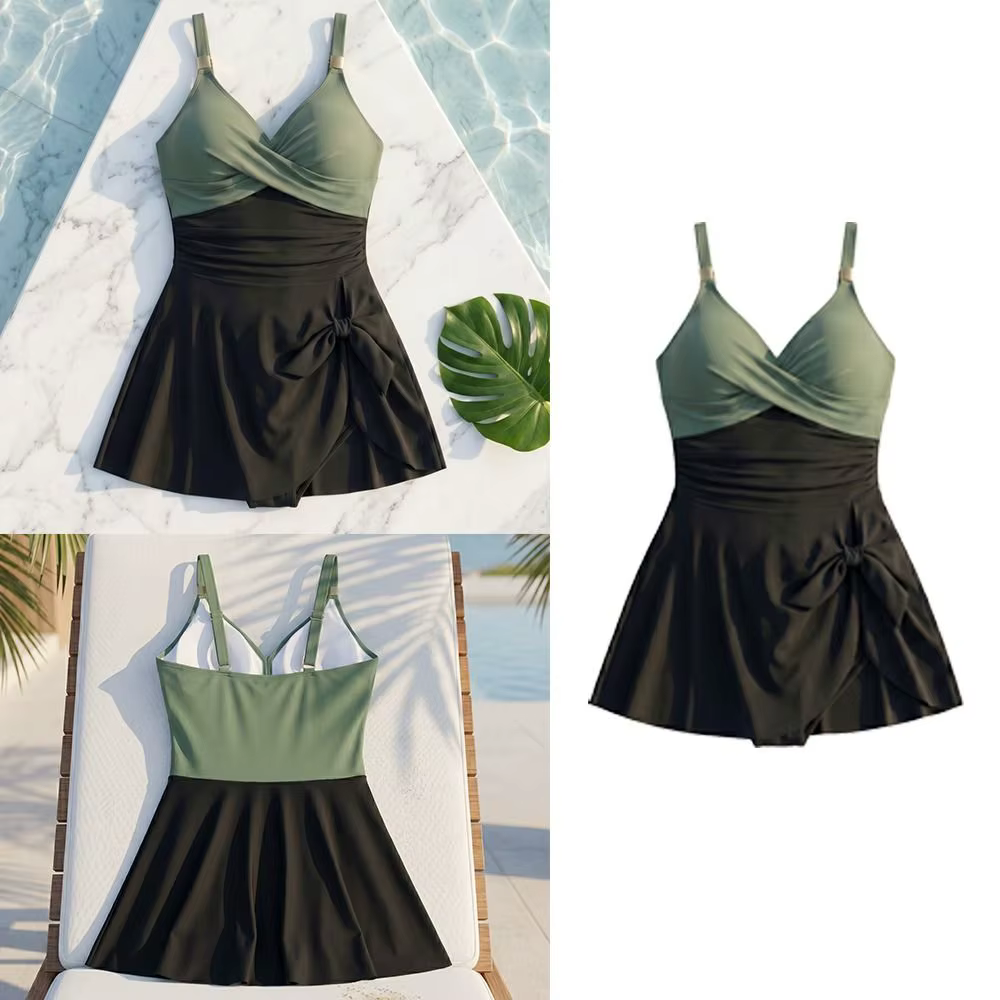 Maillot de bain femme coupe ajustée sans manches col en V, tenue de plage d'été avec jupe plissée
