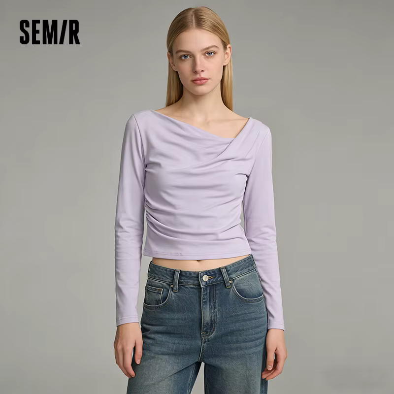 T-shirt Slim Fit Femme Semir Printemps 2026 Col Asymétrique Épaule Oblique Couleur Unie Décontracté Tendance Élégant