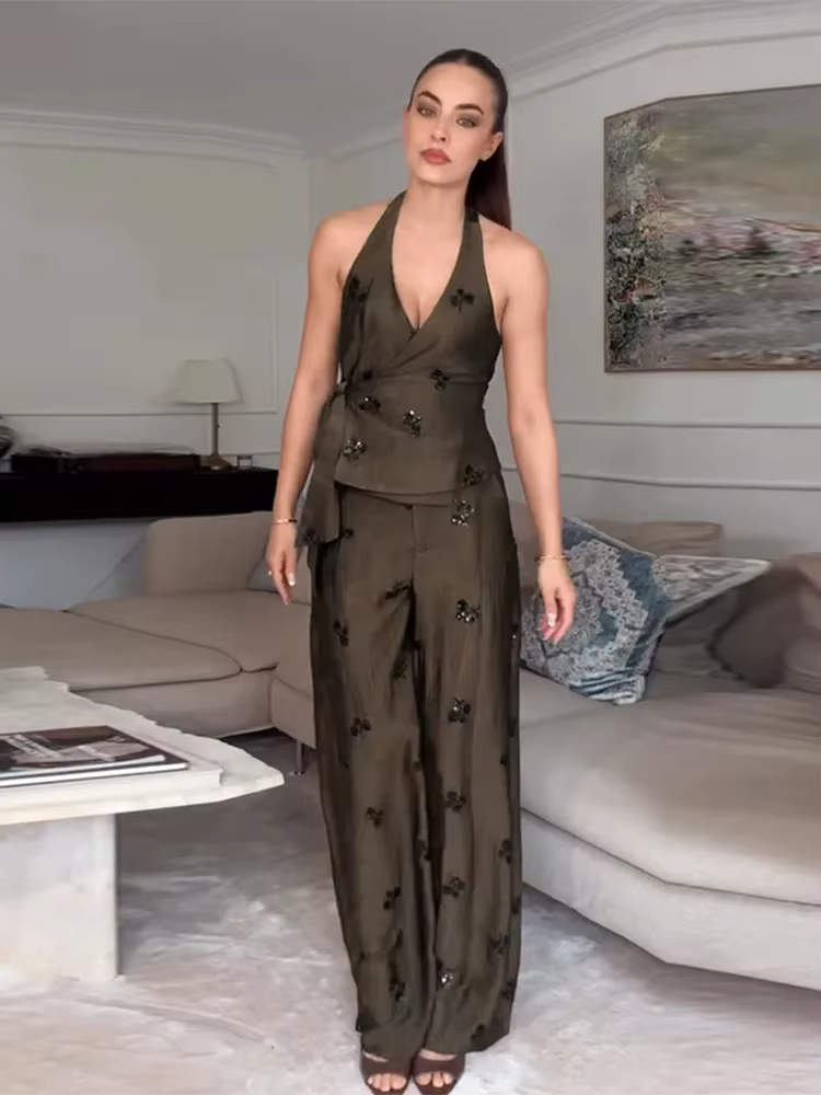 Ensemble deux pièces vintage pour femme : Gilet à sequins