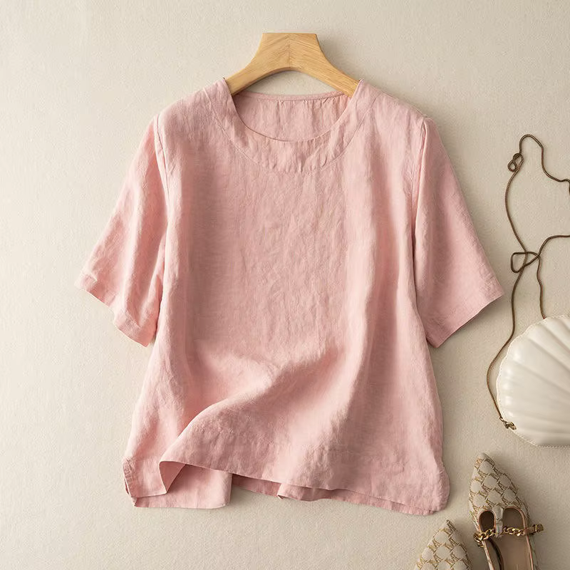 T-shirt à manches courtes en mélange de lin pour femme