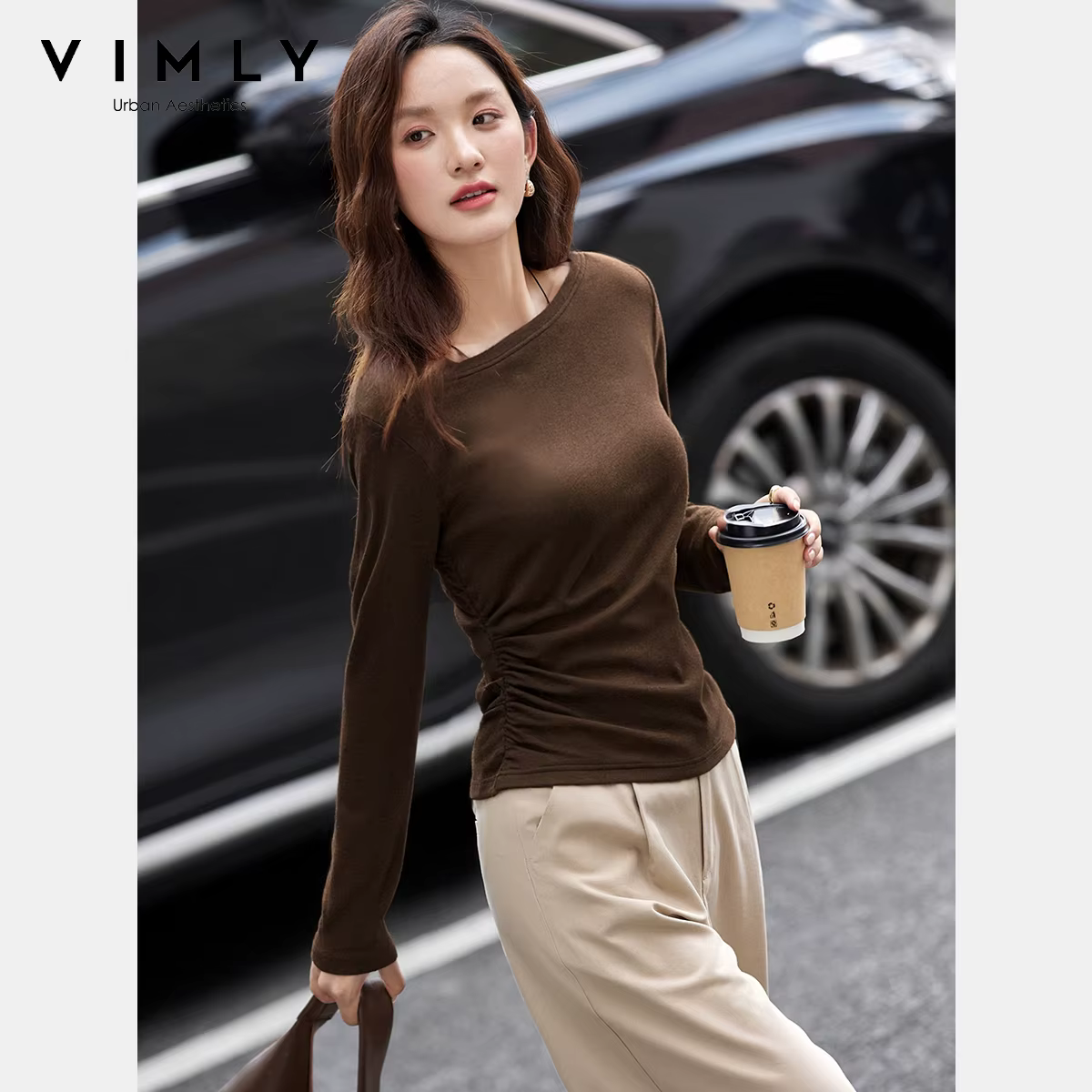 VIMLY Hauts Femme Printemps Automne 2026 Col Bateau Manches Longues T-shirts Décontractés Tricotés Coupe Ajustée Extensibles pour Femmes A3039