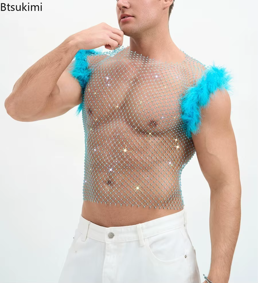 Nouveauté 2026 Débardeurs courts sexy pour hommes en résille à strass
