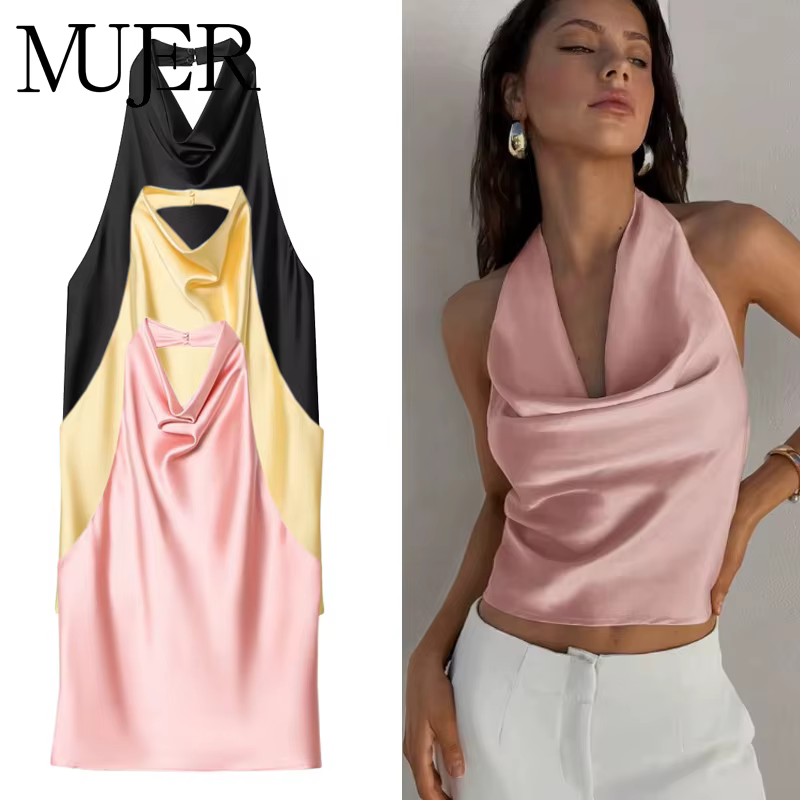 MUJER Satin haut à licou femme 2026 Sexy dos nu hauts pour femmes Camisole épaules nues
