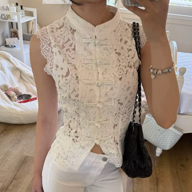 Débardeur Vintage Femme en Dentelle Florale à Col Mandarin