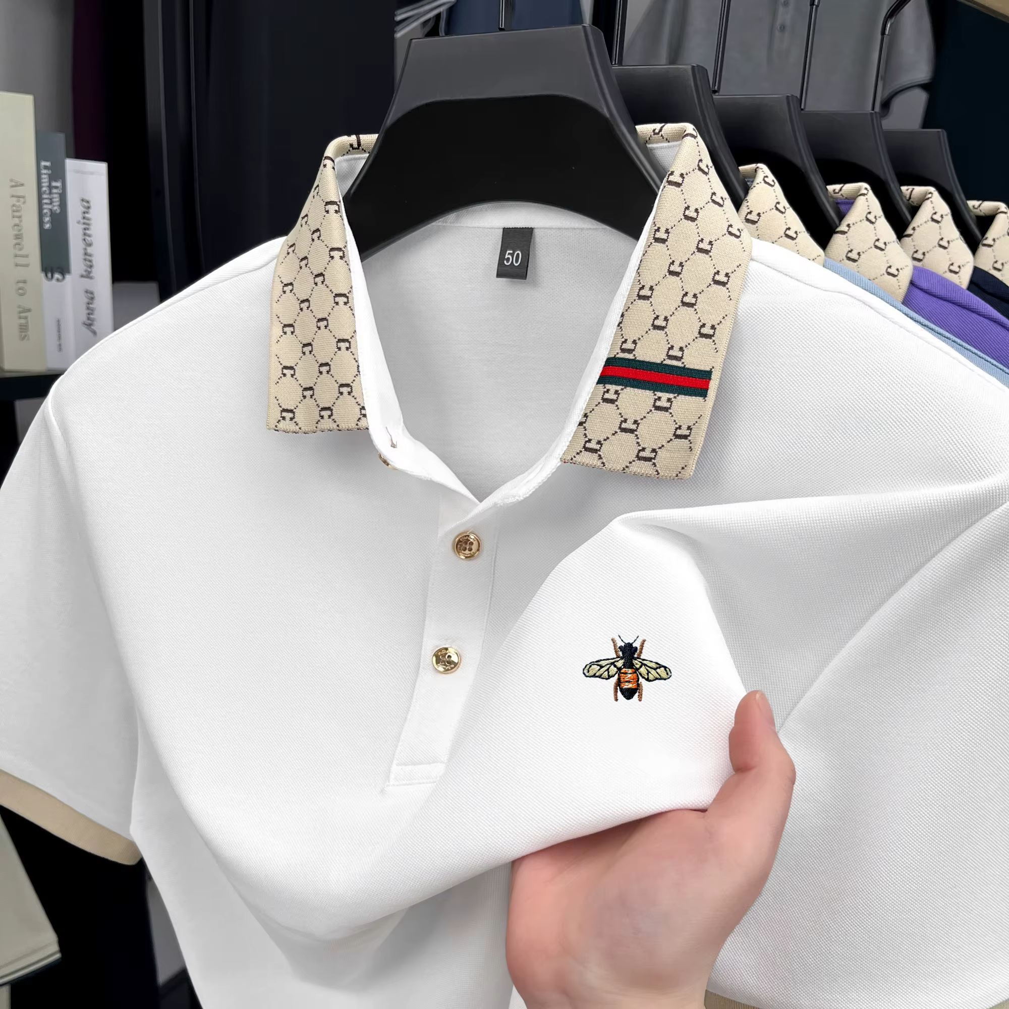 Haute qualité miel abeille brodé à manches courtes hommes polo été nouveau T-shirt marque lettre jacquard revers décontracté haut tendance