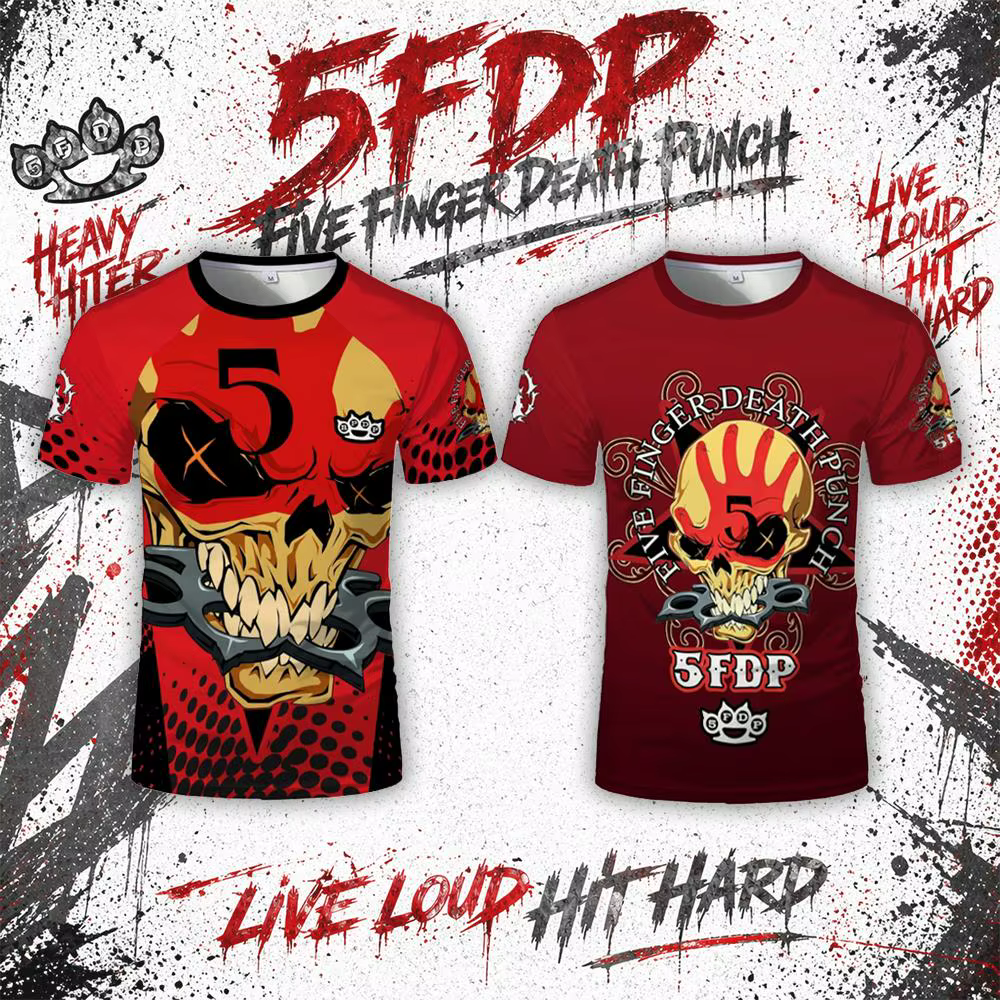 T-shirt imprimé en 3D avec crâne de groupe de rock heavy metal pour les fans de Five Finger Death Punch