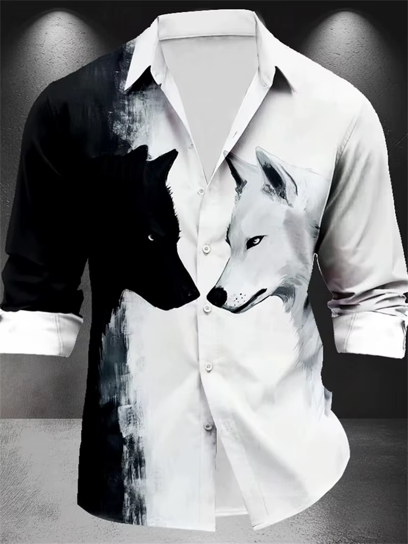 Chemise léopard loup noir et blanc pour hommes