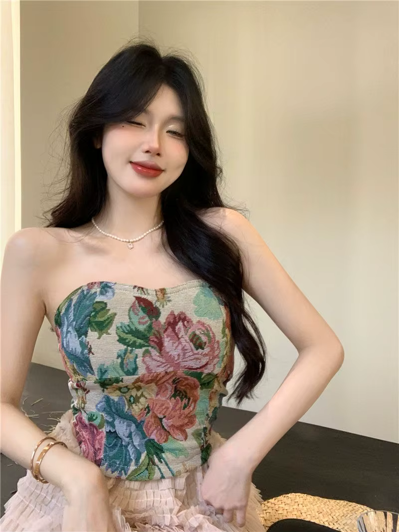 Style français Vintage élégant femmes vêtements Chic Design Floral coupe ajustée Camis mode femme haute rue rétro hauts Corset 2025