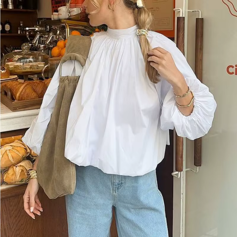 Chemisier blanc à manches bouffantes style français pour femme