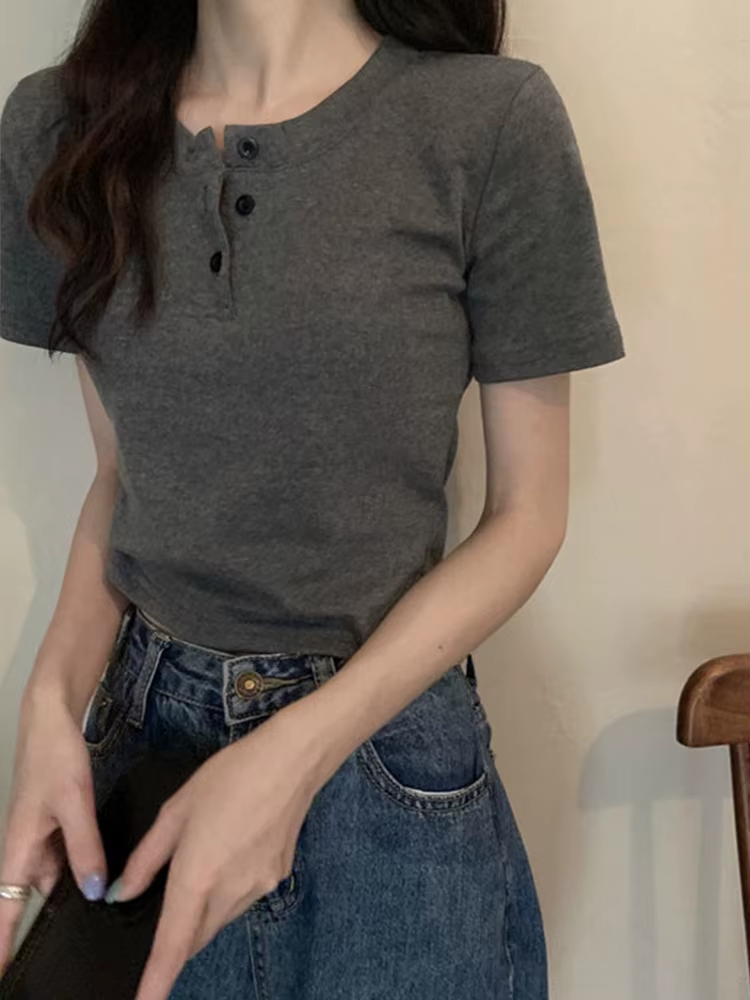 Femmes t-shirt bouton ouvert à manches courtes haut court dames vêtements 2024 solide basique