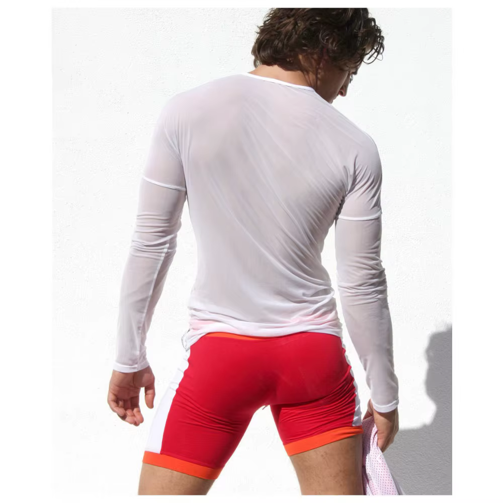 T-shirt à manches longues en filet de pêche en dentelle pour hommes