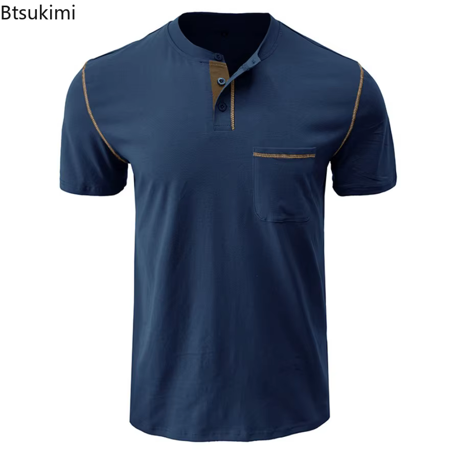 Nouveau Polo de Golf Homme à Col Henry Manches Courtes – T-shirt Décontracté d'Été Respirant avec Poche