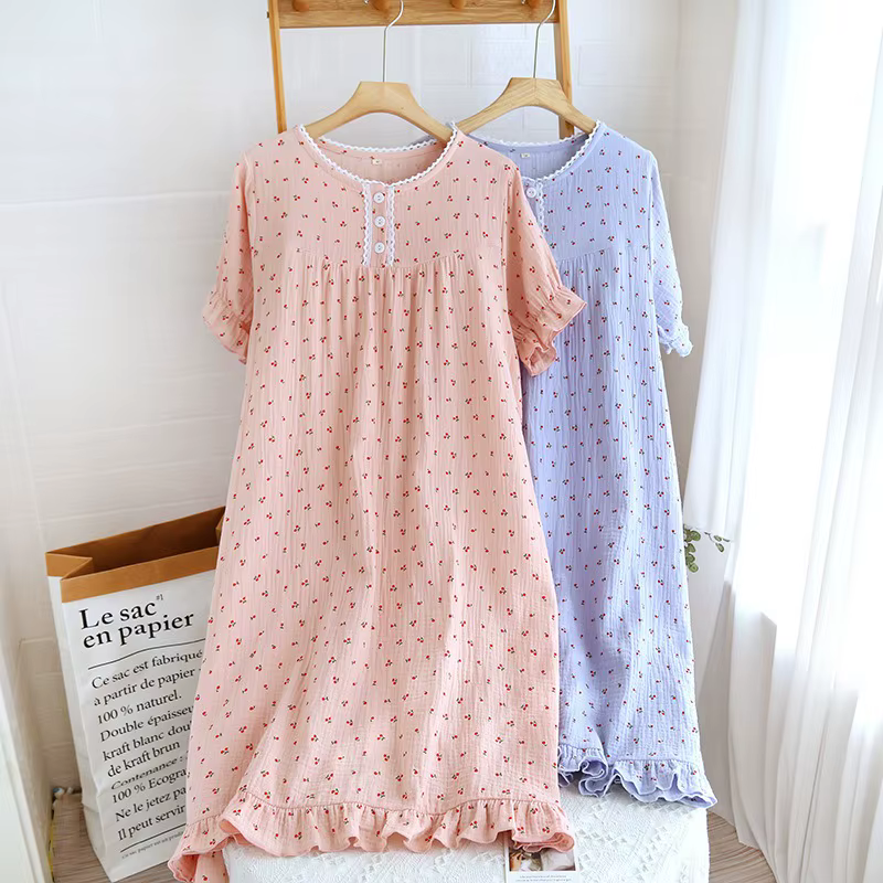 Chemise de nuit à manches courtes femmes dentelle cerise imprimé
