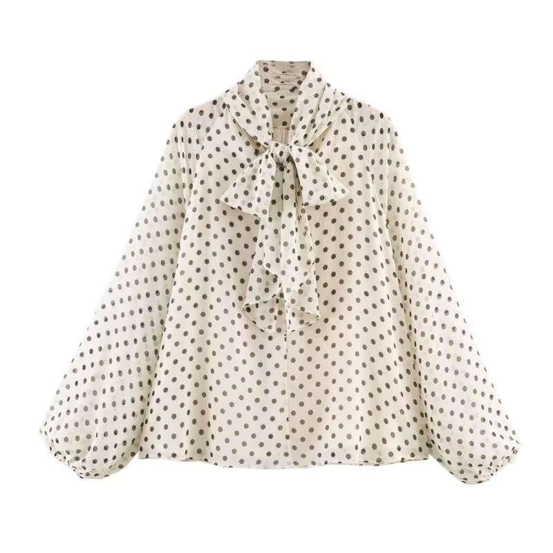 Femmes à pois imprimé Blouse décontracté col haut à manches longues dame