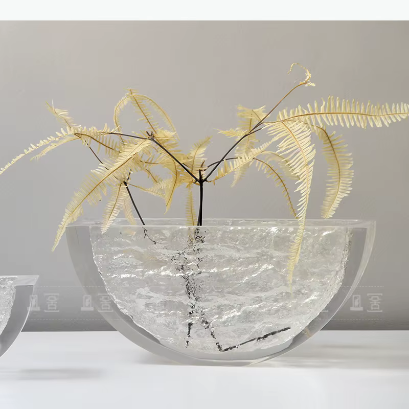 Vase transparent semi-circulaire à texture glacée, pots à fleurs, décoration de bureau, arrangement de fleurs, vases floraux, décoration esthétique de la pièce