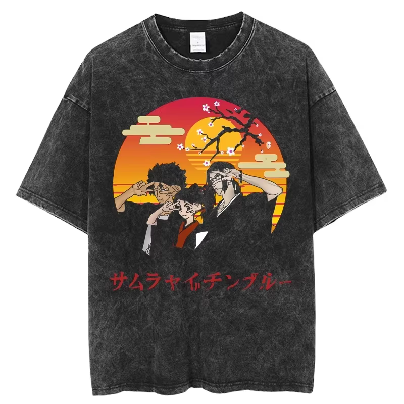 Anime graphique samouraï Champloo T-shirt Vintage lavé surdimensionné T-Shirts hommes femmes vêtements pur coton à manches courtes T-Shirts