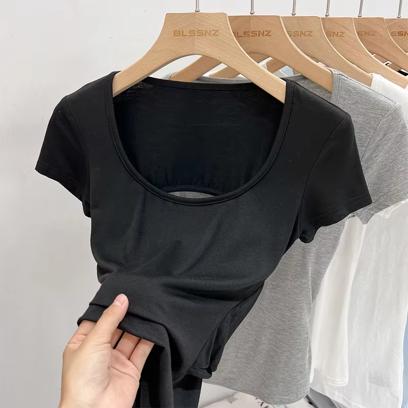 Femme col carré hauts de haute qualité plaine dos nu à manches courtes T-Shirt avec soutiens-gorge coussinets femmes Sexy Street Wear t-shirts 2026