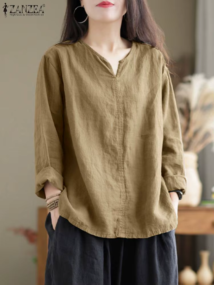 Vintage femmes coton Blouse automne col en V à manches longues hauts 2025 ZANZEA rétro solide chemise ample femme travail tunique Blusas Mujer
