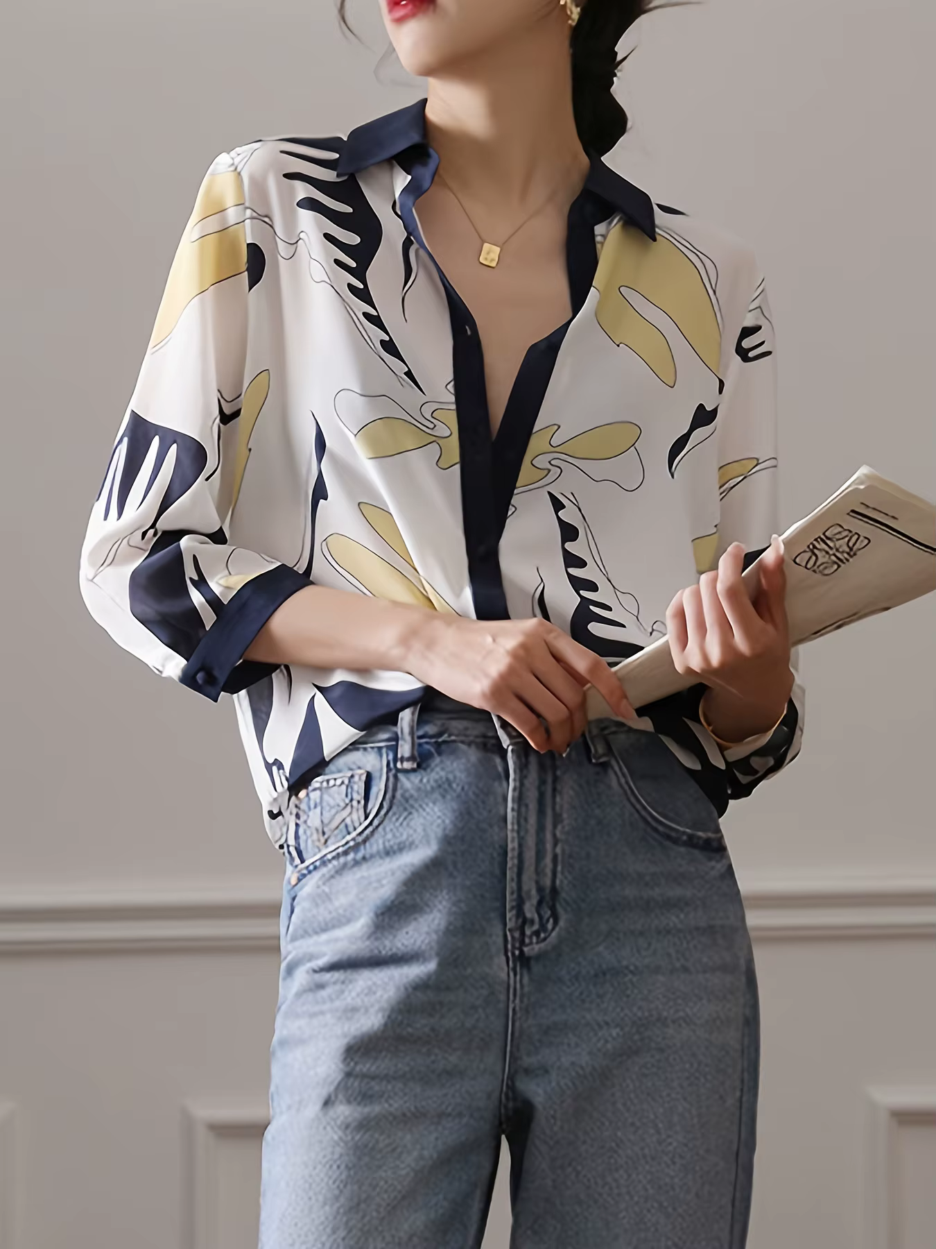 Mode luxe dames chemise France style femme impression blouse printemps été demi manches hauts blusa mujer