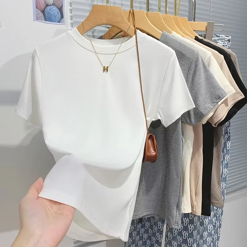 2026 nouveau femmes 100% coton T-shirt fond basique solide dame à manches courtes hauts chemises été
