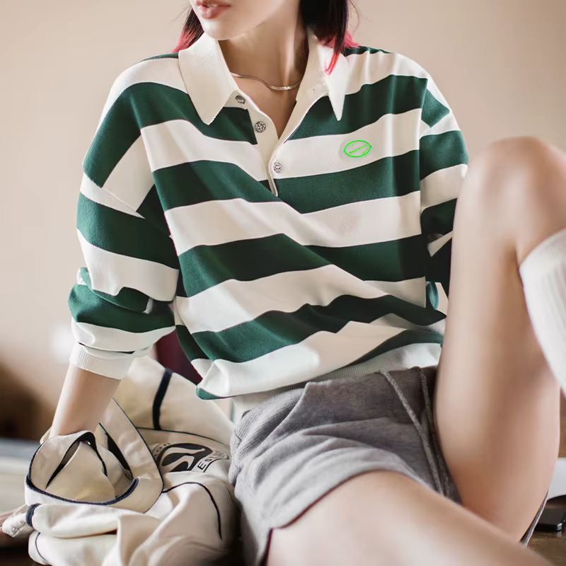 Maden rétro classique blanc et vert couleur bloquant rayé Polo pour les femmes automne à manches longues T-shirt ample décontracté hauts