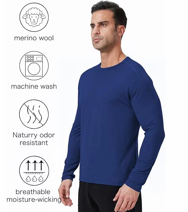 T-shirt thermique à manches longues 100 % laine mérinos pour homme