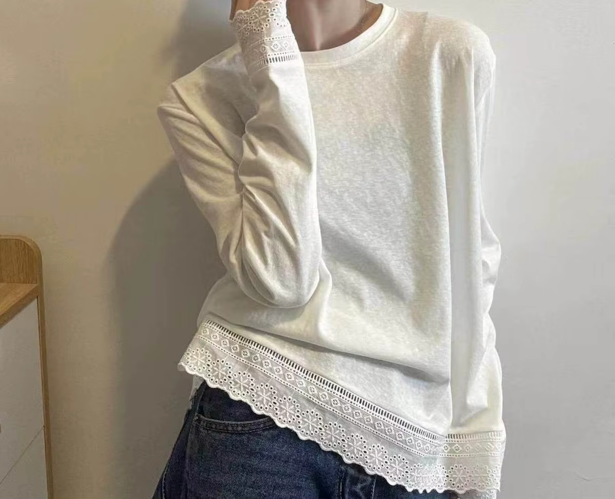 T-shirt à manches longues en dentelle patchwork pour femme