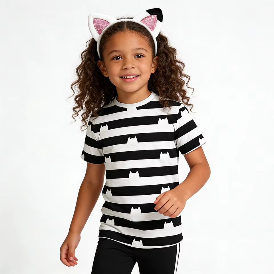 T-shirt rayé pour enfants avec imprimé chat Gabby
