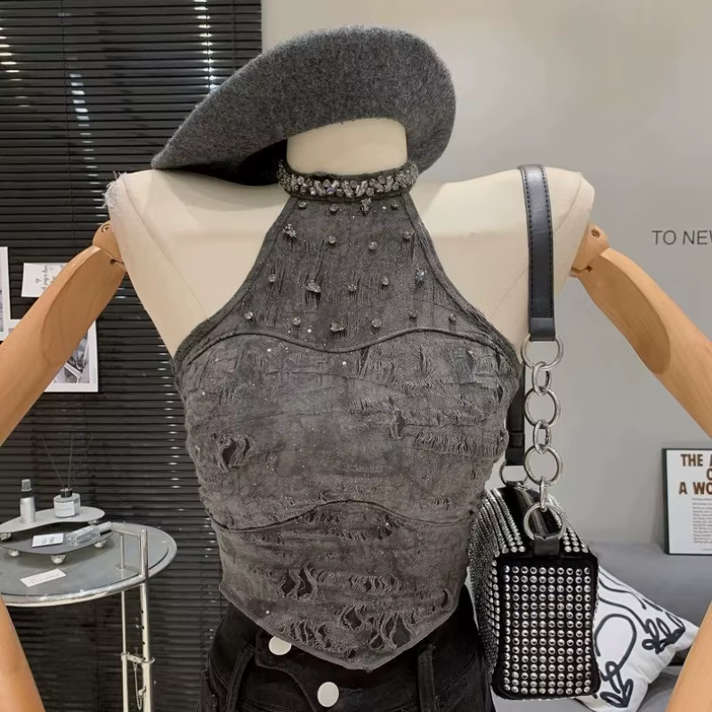 Matakawa Y2k vêtements dos nu t-shirt pour femmes imprimer printemps été Sexy Ropa De Mujer perles licou rétro débardeurs