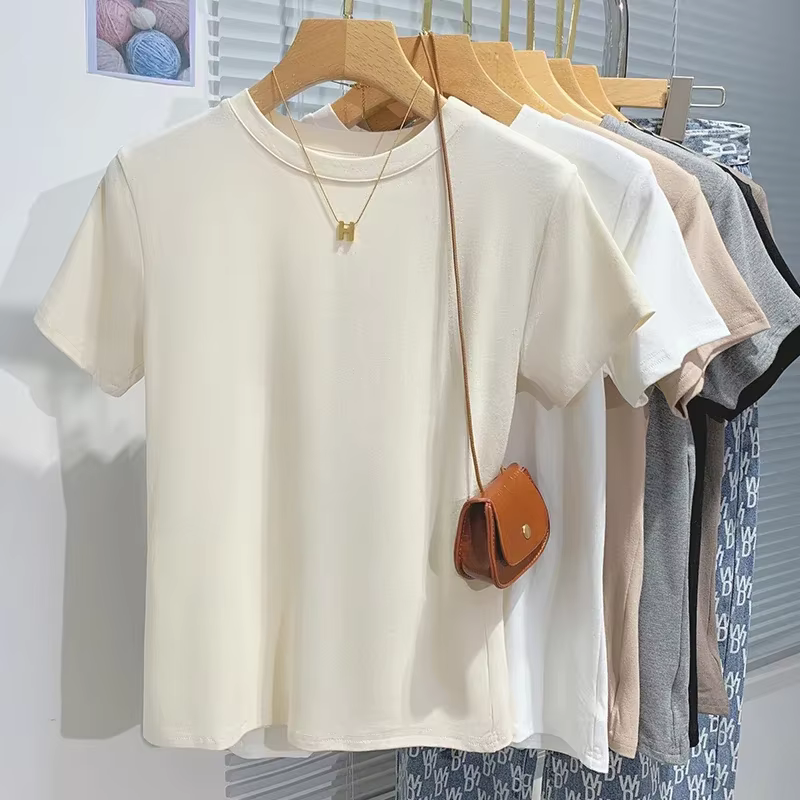 2026 nouveau femmes 100% coton T-shirt fond basique solide dame à manches courtes hauts chemises été