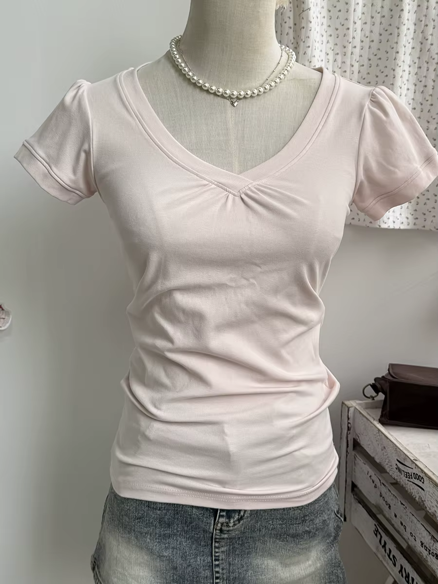 T-shirt basique plissé à col en V pour femme