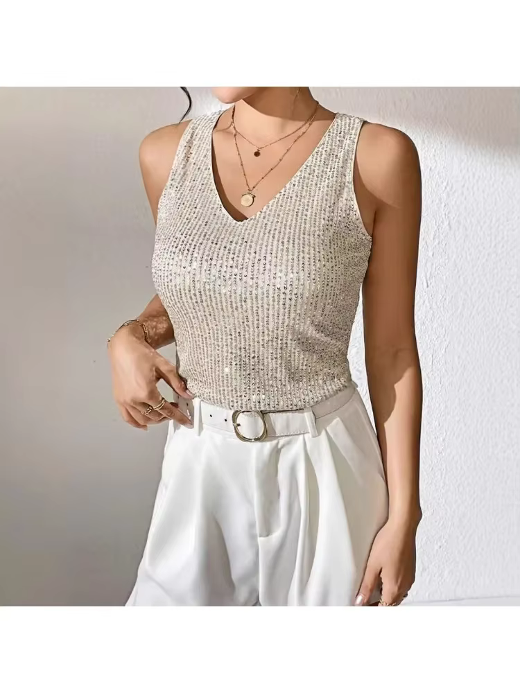 Le nouveau t-shirt sexy à col en V et sequins
