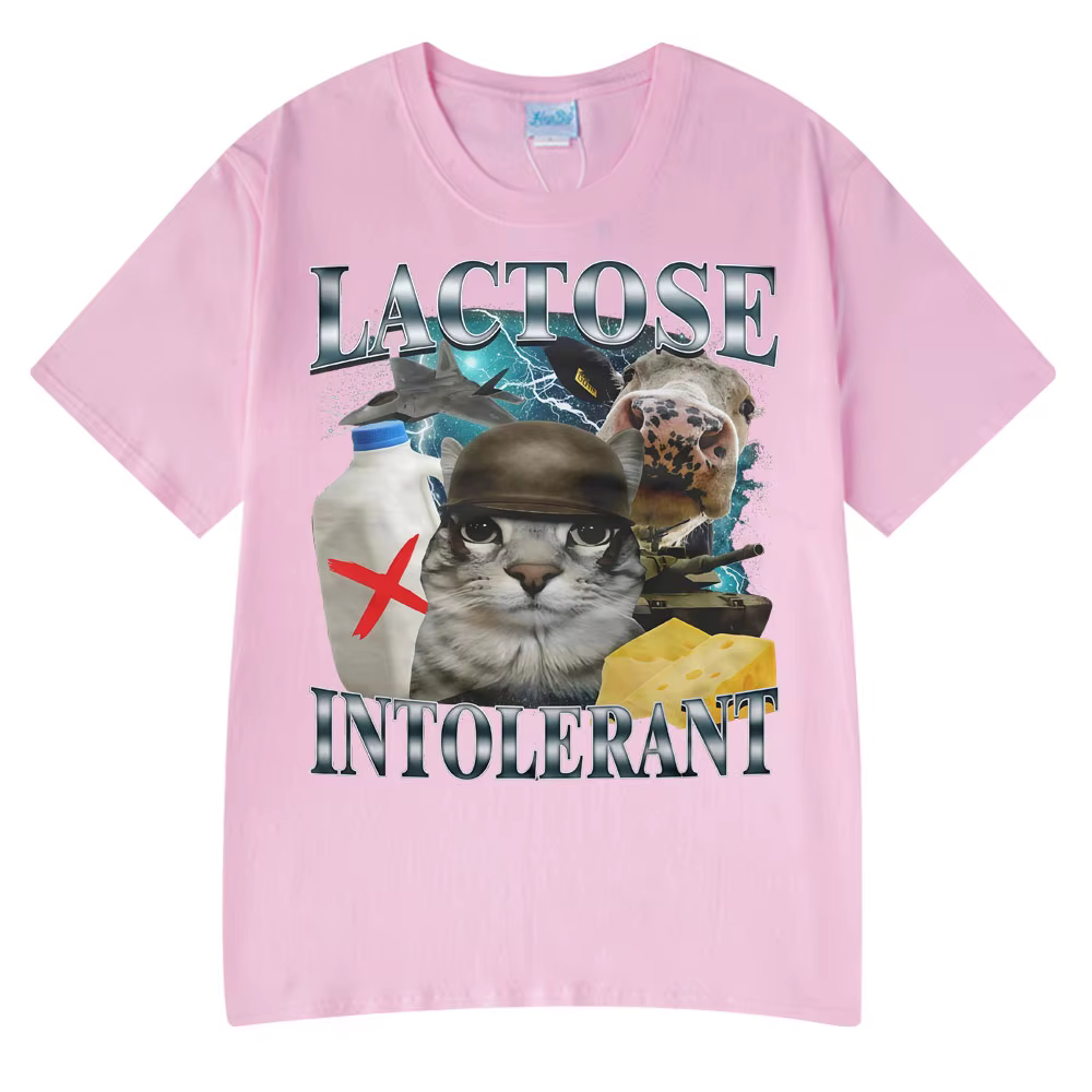 2025 été offre spéciale porte Lactose intolerant drôle chat Meme T-shirts mode t-shirt Hip Hop Couple Style vêtements
