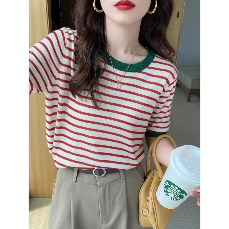 2025 hauts à rayures femmes tricoté col rond été imprimé à manches courtes décontracté Simple sauvage T-Shirt