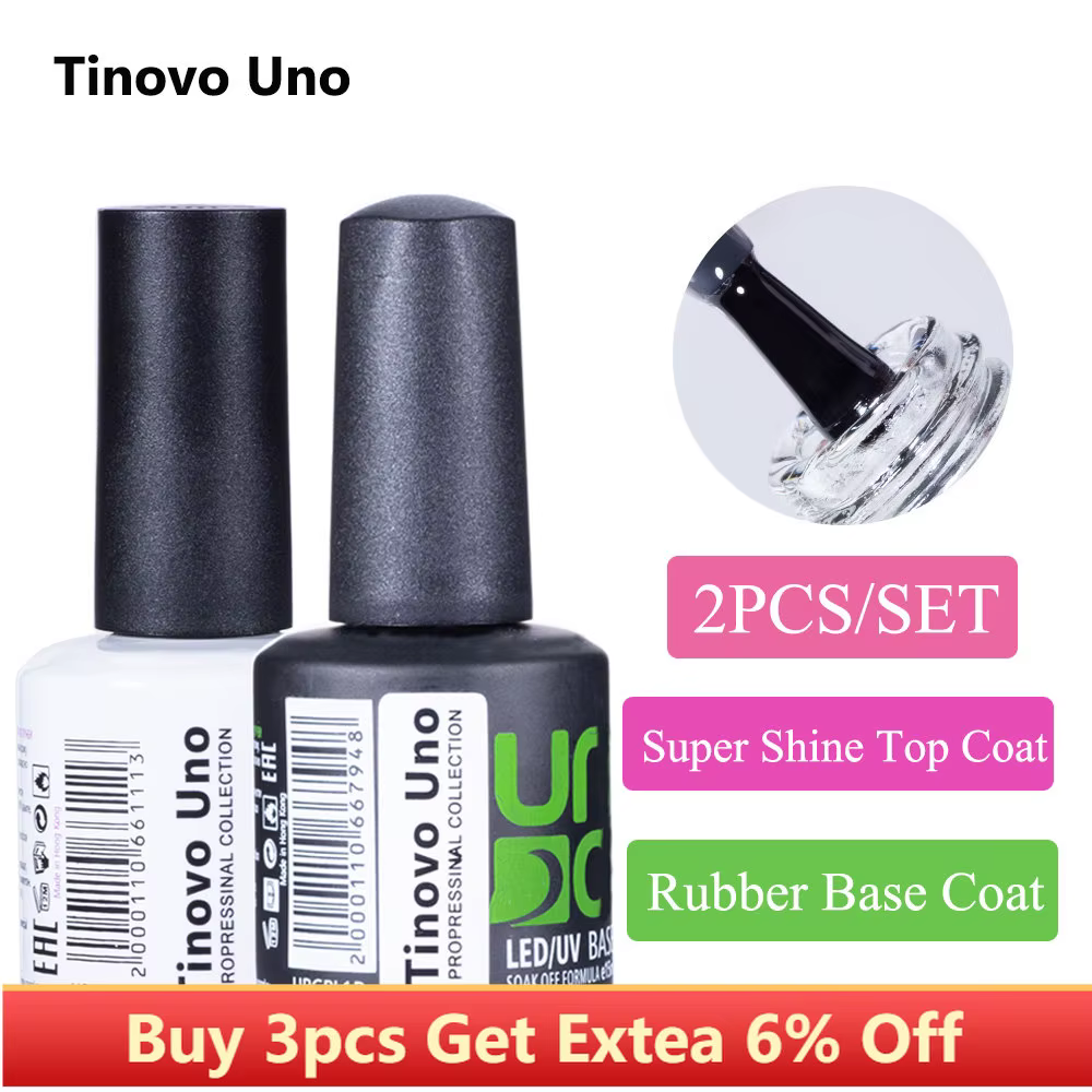 Tinovo – Vernis à ongles en caoutchouc Uno, couche de Base et de finition, pour Gel, Semi-Permanent, UV, longue durée, Nail Art, 2 pièces/ensemble, 15ML