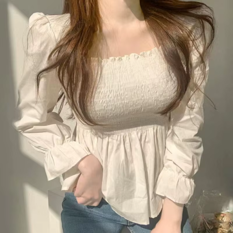 Élégant à manches longues plissé blanc femmes Blouse bureau dame mode doux col carré chemise nouveau décontracté élastique mince hauts 8023