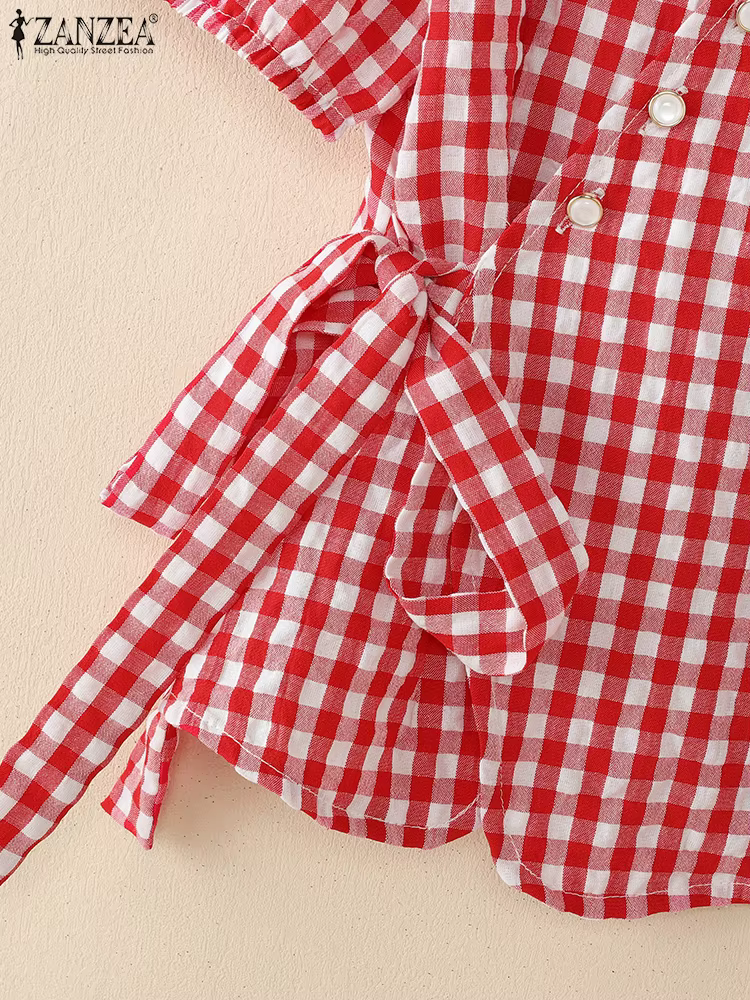 ZANZEA manches courtes bouffantes Vintage Blouses taille nouée décontracté été col en v Peplum hauts femmes vichy élégant enveloppé chemises